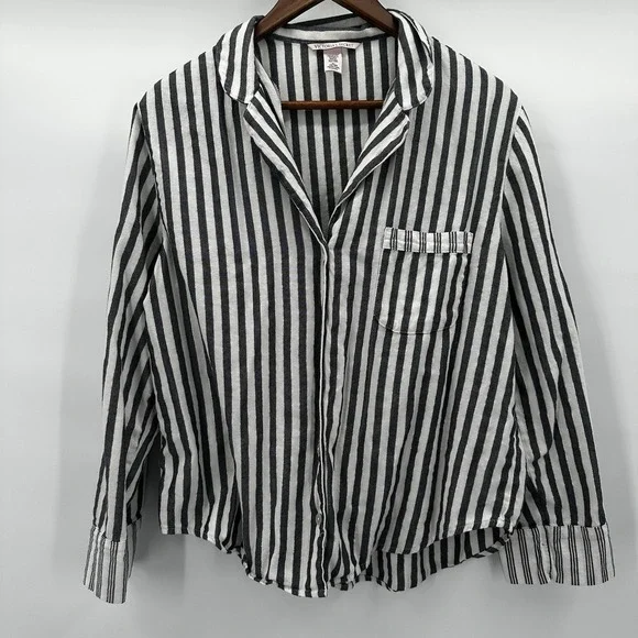Victorias Secret Pajama Shirt Top Womens Medium White Gray Stripe Soft Button - Picture 1 of 12